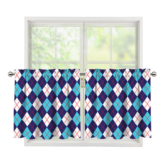 Blue White And Red Argyle Pattern Print Tier Curtains