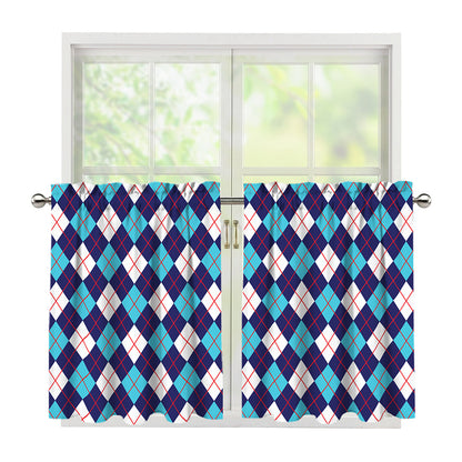 Blue White And Red Argyle Pattern Print Tier Curtains
