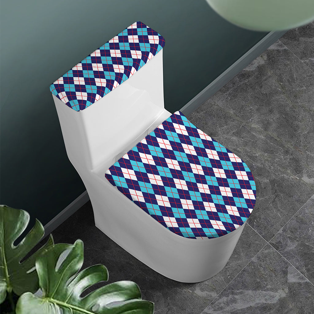 Blue White And Red Argyle Pattern Print Toilet Lid And Tank Cover Set