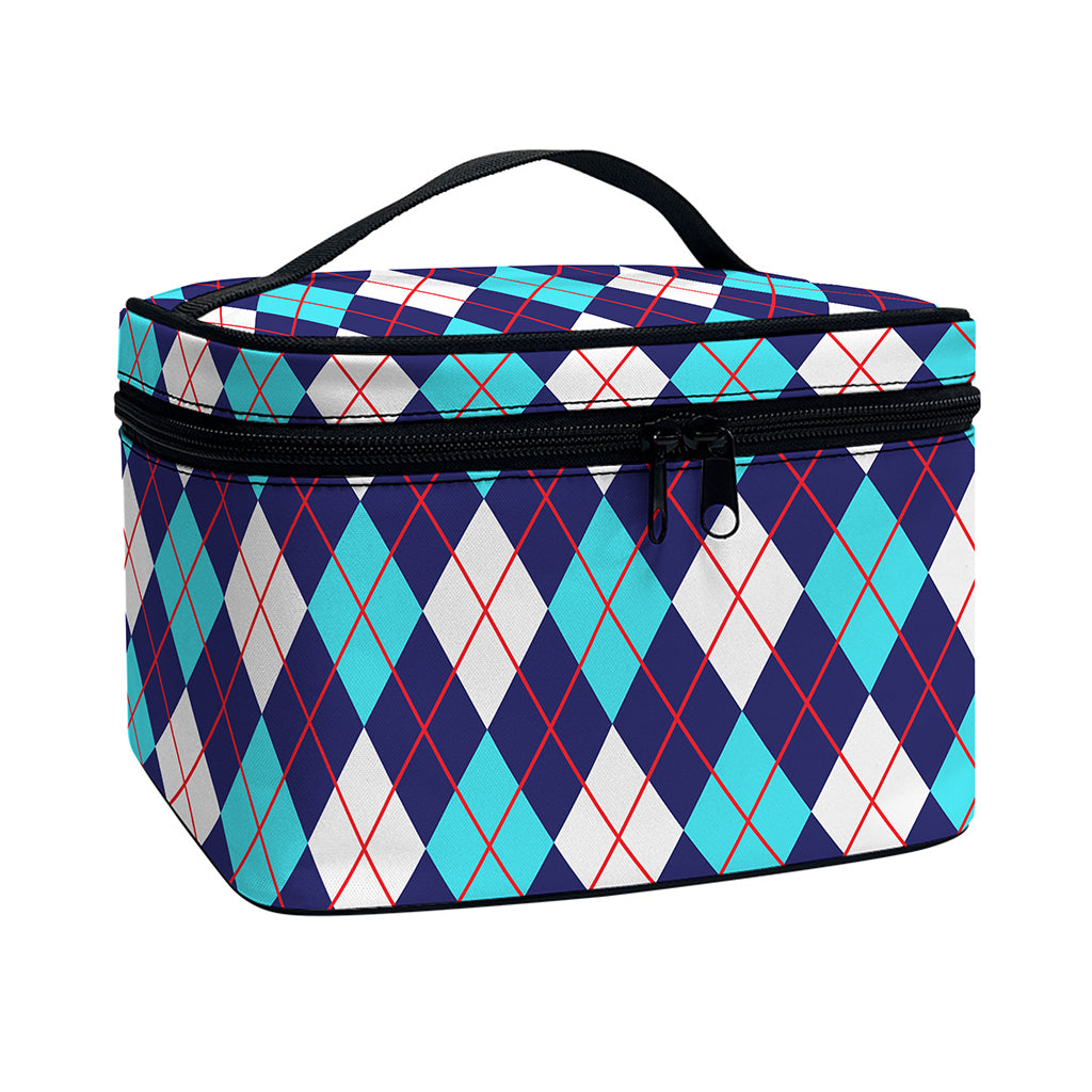 Blue White And Red Argyle Pattern Print Travel Makeup Bag