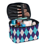 Blue White And Red Argyle Pattern Print Travel Makeup Bag