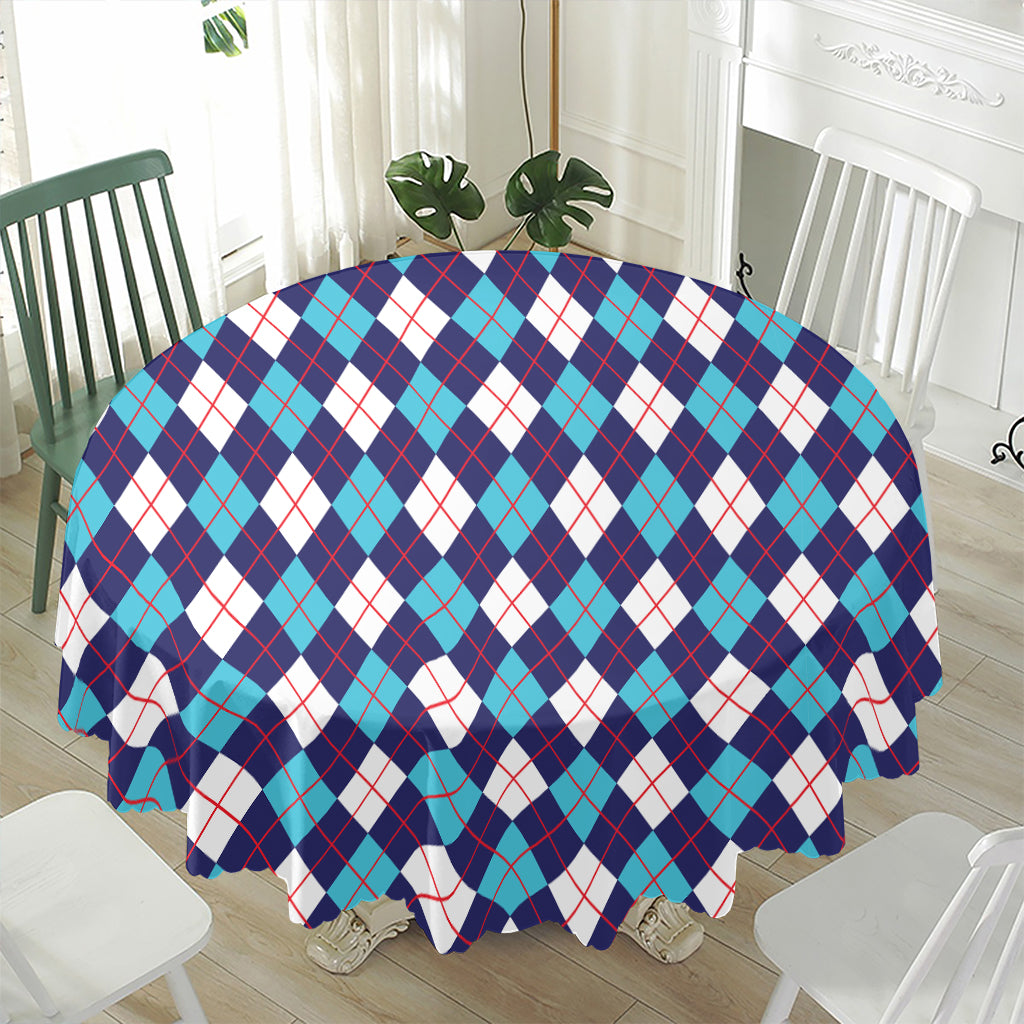 Blue White And Red Argyle Pattern Print Waterproof Round Tablecloth