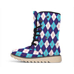 Blue White And Red Argyle Pattern Print Winter Boots
