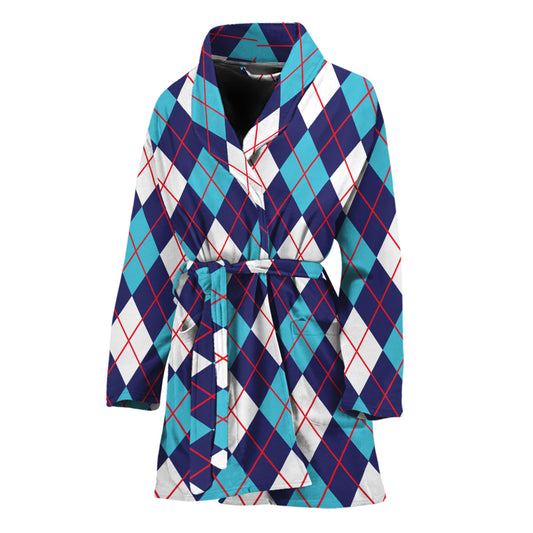 Blue White And Red Argyle Pattern Print Women's Bathrobe