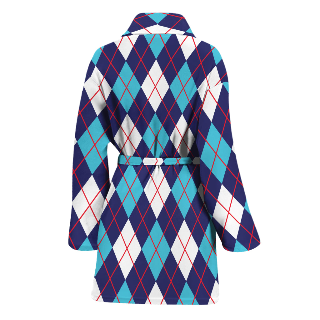 Blue White And Red Argyle Pattern Print Women's Bathrobe