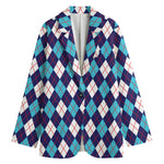 Blue White And Red Argyle Pattern Print Women's Blazer