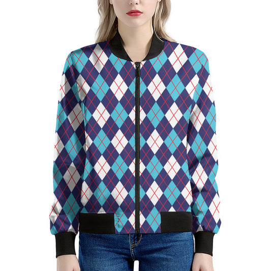 Blue White And Red Argyle Pattern Print Women's Bomber Jacket