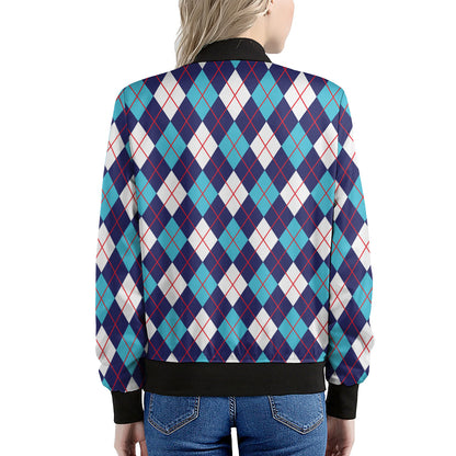 Blue White And Red Argyle Pattern Print Women's Bomber Jacket
