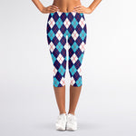 Blue White And Red Argyle Pattern Print Women's Capri Leggings