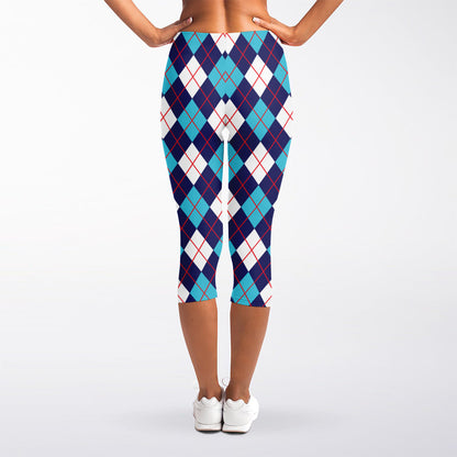 Blue White And Red Argyle Pattern Print Women's Capri Leggings