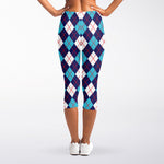 Blue White And Red Argyle Pattern Print Women's Capri Leggings