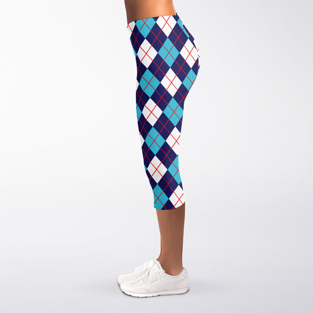 Blue White And Red Argyle Pattern Print Women's Capri Leggings