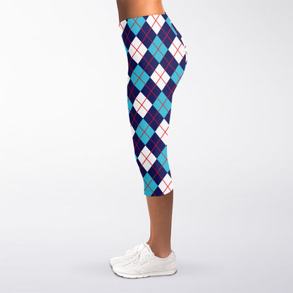 Blue White And Red Argyle Pattern Print Women's Capri Leggings