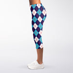 Blue White And Red Argyle Pattern Print Women's Capri Leggings