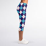 Blue White And Red Argyle Pattern Print Women's Capri Leggings