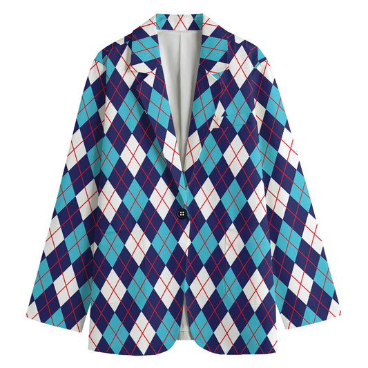 Blue White And Red Argyle Pattern Print Women's Cotton Blazer