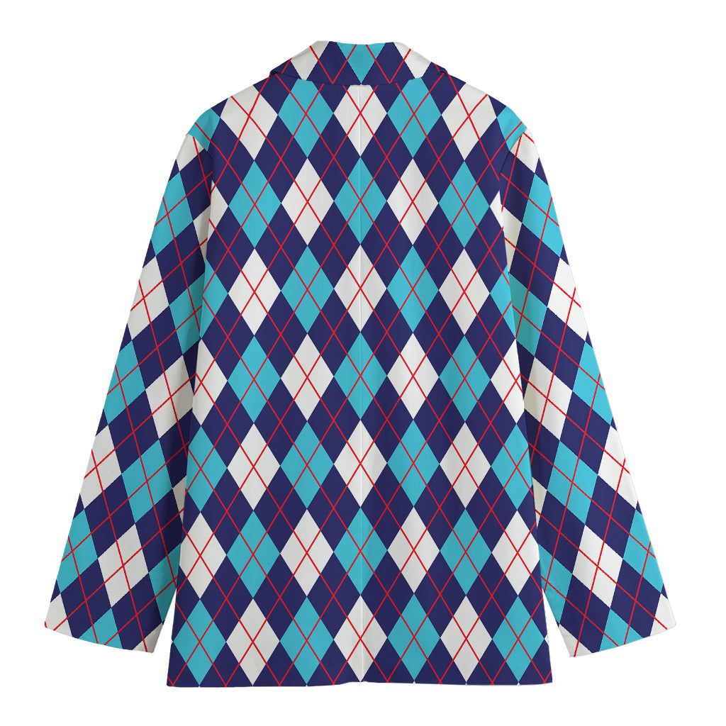 Blue White And Red Argyle Pattern Print Women's Cotton Blazer