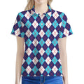 Blue White And Red Argyle Pattern Print Women's Polo Shirt