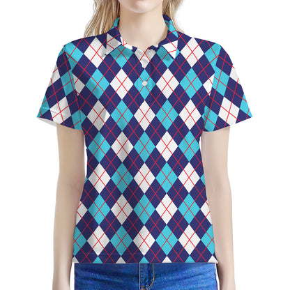 Blue White And Red Argyle Pattern Print Women's Polo Shirt