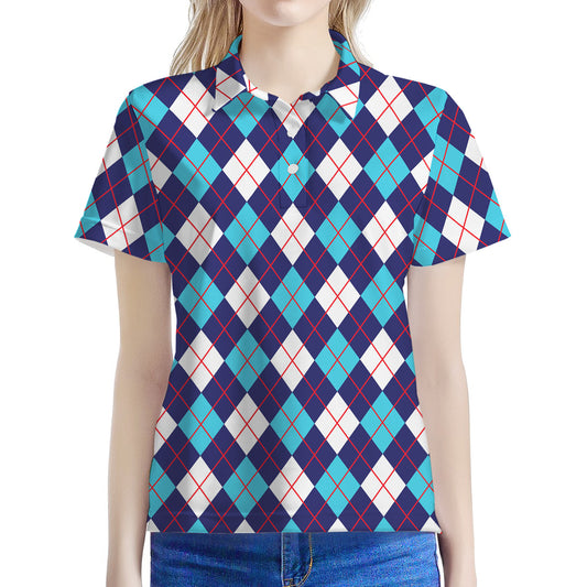 Blue White And Red Argyle Pattern Print Women's Polo Shirt