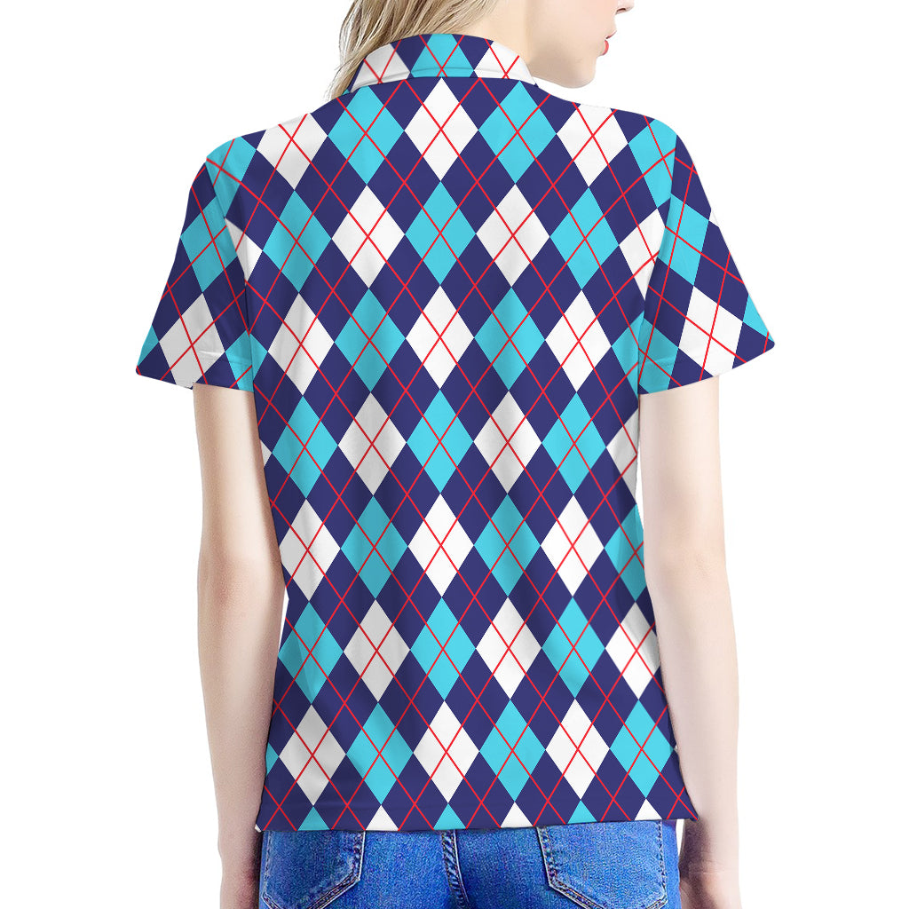 Blue White And Red Argyle Pattern Print Women's Polo Shirt