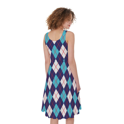 Blue White And Red Argyle Pattern Print Women's Sleeveless Dress