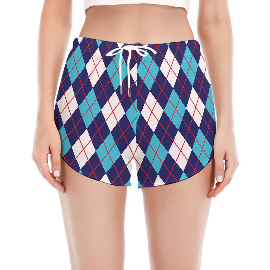 Blue White And Red Argyle Pattern Print Women's Split Running Shorts
