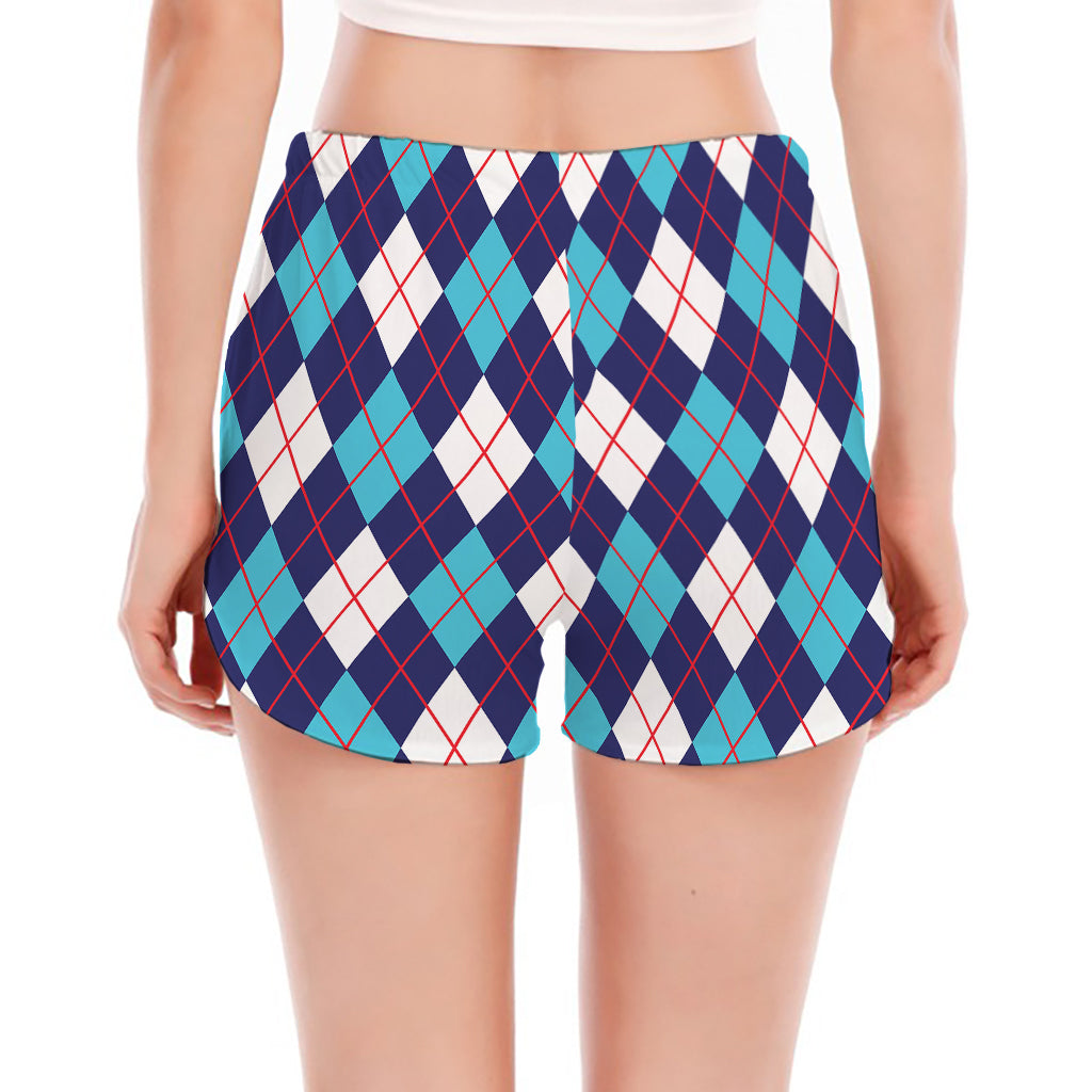 Blue White And Red Argyle Pattern Print Women's Split Running Shorts