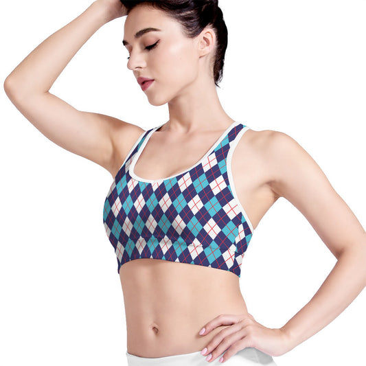 Blue White And Red Argyle Pattern Print Women's Sports Bra
