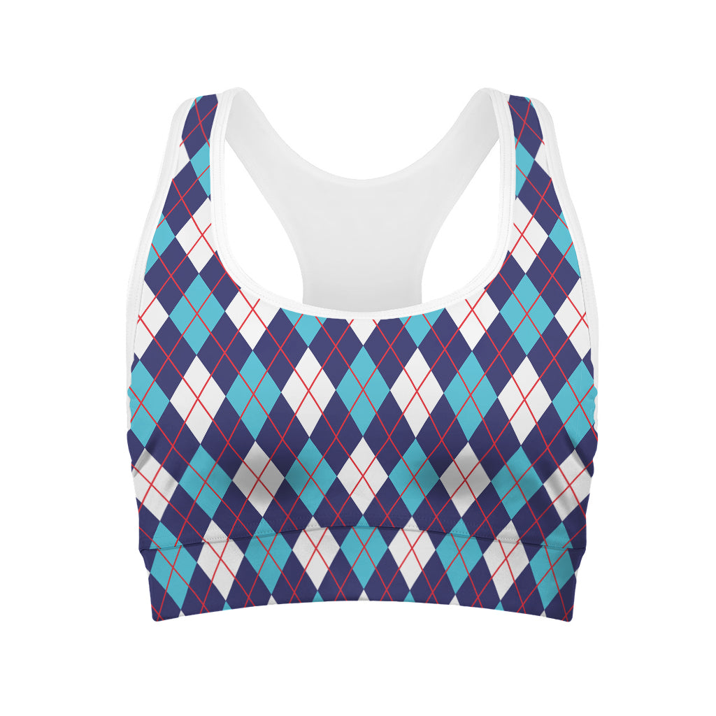 Blue White And Red Argyle Pattern Print Women's Sports Bra