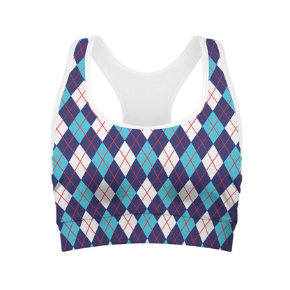 Blue White And Red Argyle Pattern Print Women's Sports Bra