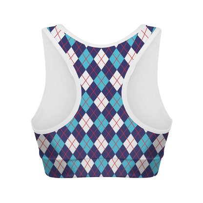 Blue White And Red Argyle Pattern Print Women's Sports Bra