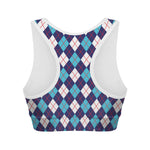 Blue White And Red Argyle Pattern Print Women's Sports Bra