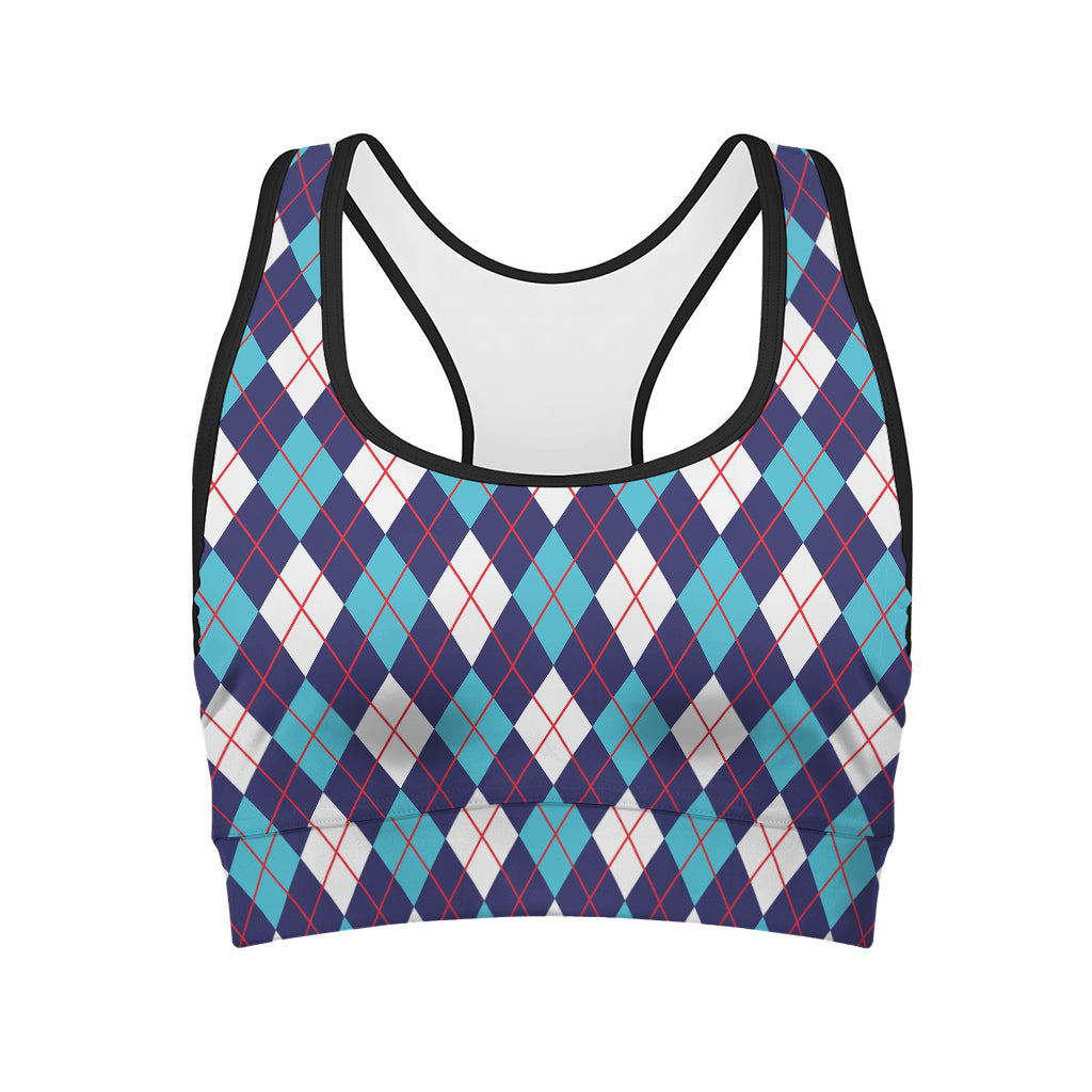 Blue White And Red Argyle Pattern Print Women's Sports Bra