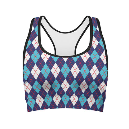 Blue White And Red Argyle Pattern Print Women's Sports Bra
