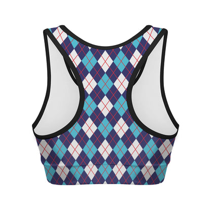 Blue White And Red Argyle Pattern Print Women's Sports Bra