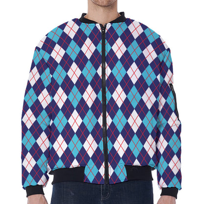 Blue White And Red Argyle Pattern Print Zip Sleeve Bomber Jacket