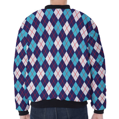 Blue White And Red Argyle Pattern Print Zip Sleeve Bomber Jacket