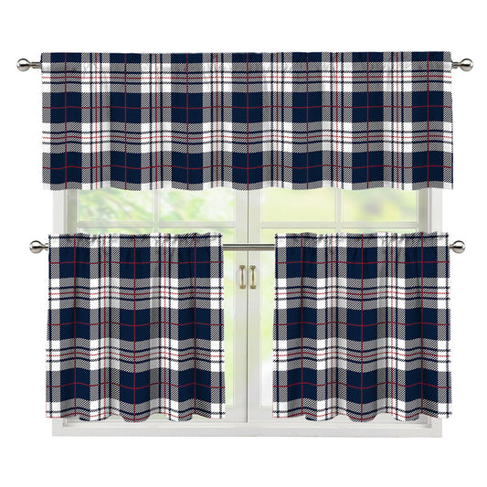 Blue White And Red Tartan Pattern Print 3 Piece Kitchen Curtains
