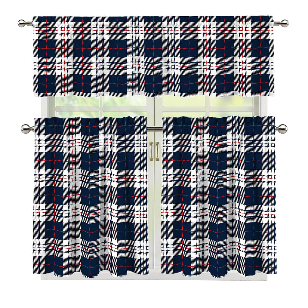 Blue White And Red Tartan Pattern Print 3 Piece Kitchen Curtains