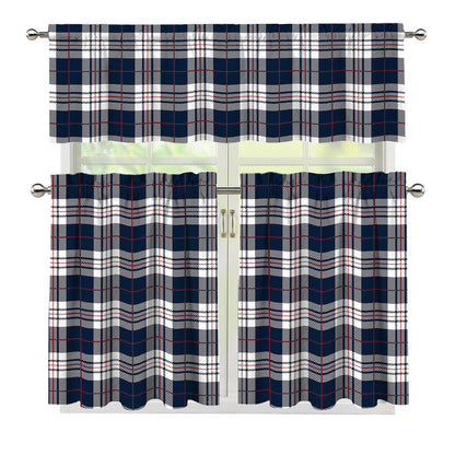 Blue White And Red Tartan Pattern Print 3 Piece Kitchen Curtains