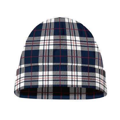 Blue White And Red Tartan Pattern Print Beanie