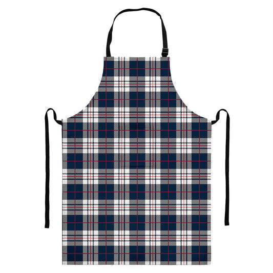 Blue White And Red Tartan Pattern Print Bib Apron With Pocket