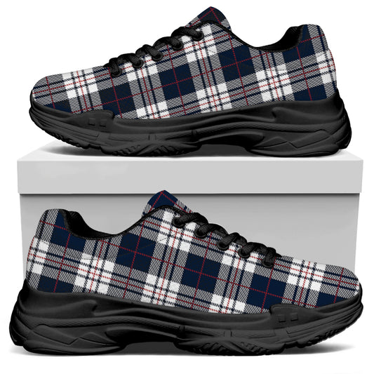 Blue White And Red Tartan Pattern Print Black Chunky Shoes