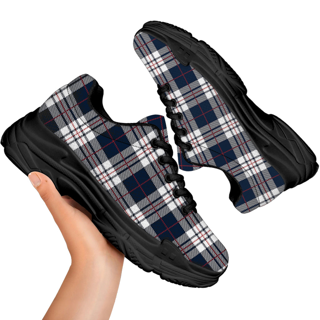 Blue White And Red Tartan Pattern Print Black Chunky Shoes