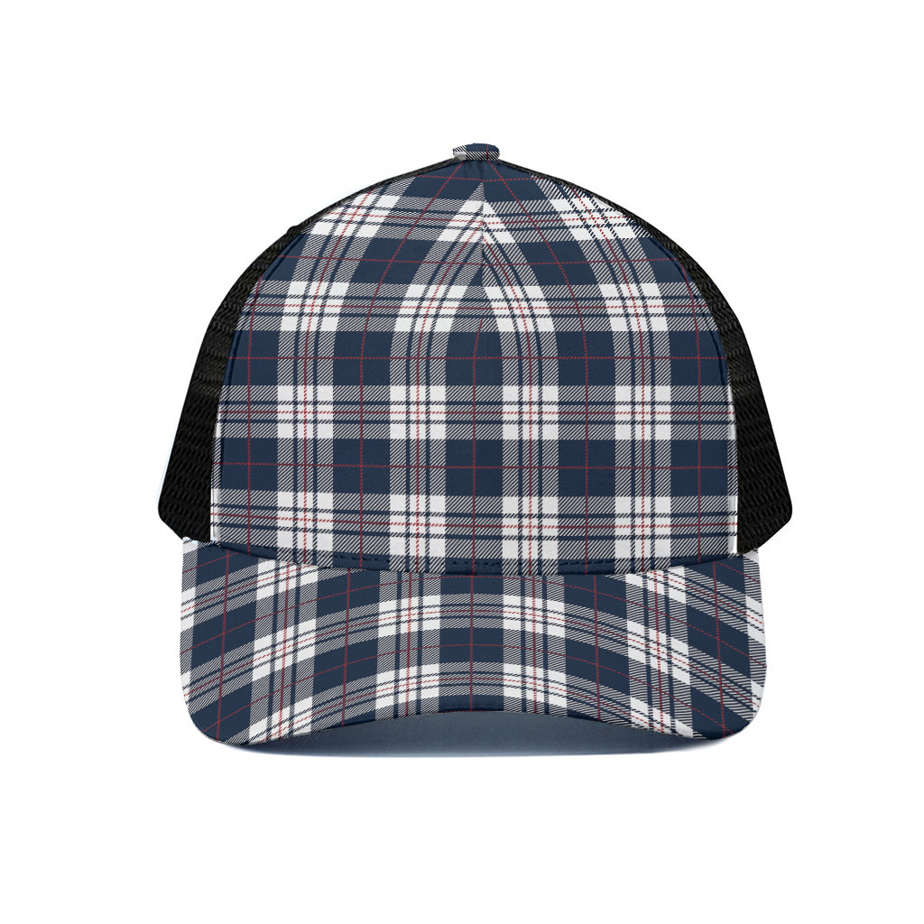 Blue White And Red Tartan Pattern Print Black Mesh Trucker Cap