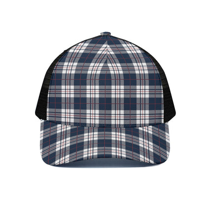 Blue White And Red Tartan Pattern Print Black Mesh Trucker Cap