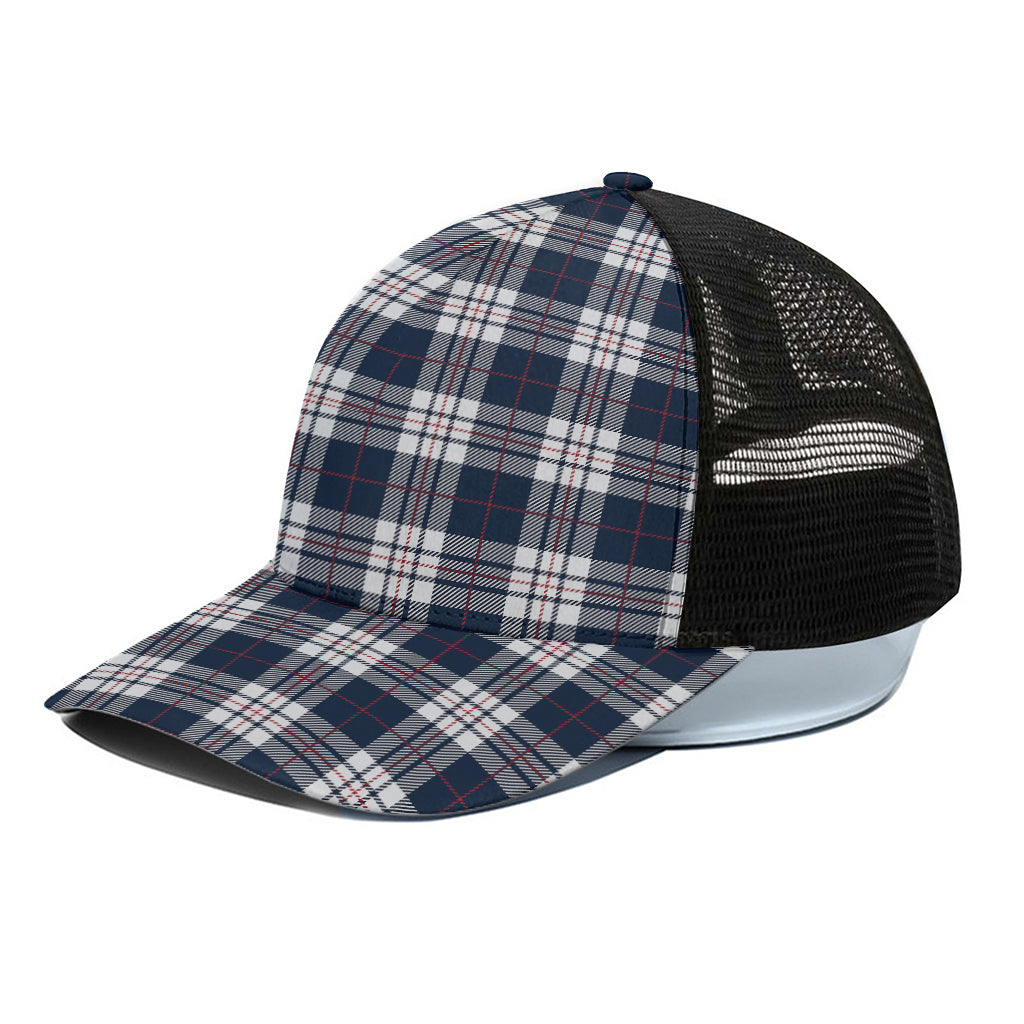Blue White And Red Tartan Pattern Print Black Mesh Trucker Cap