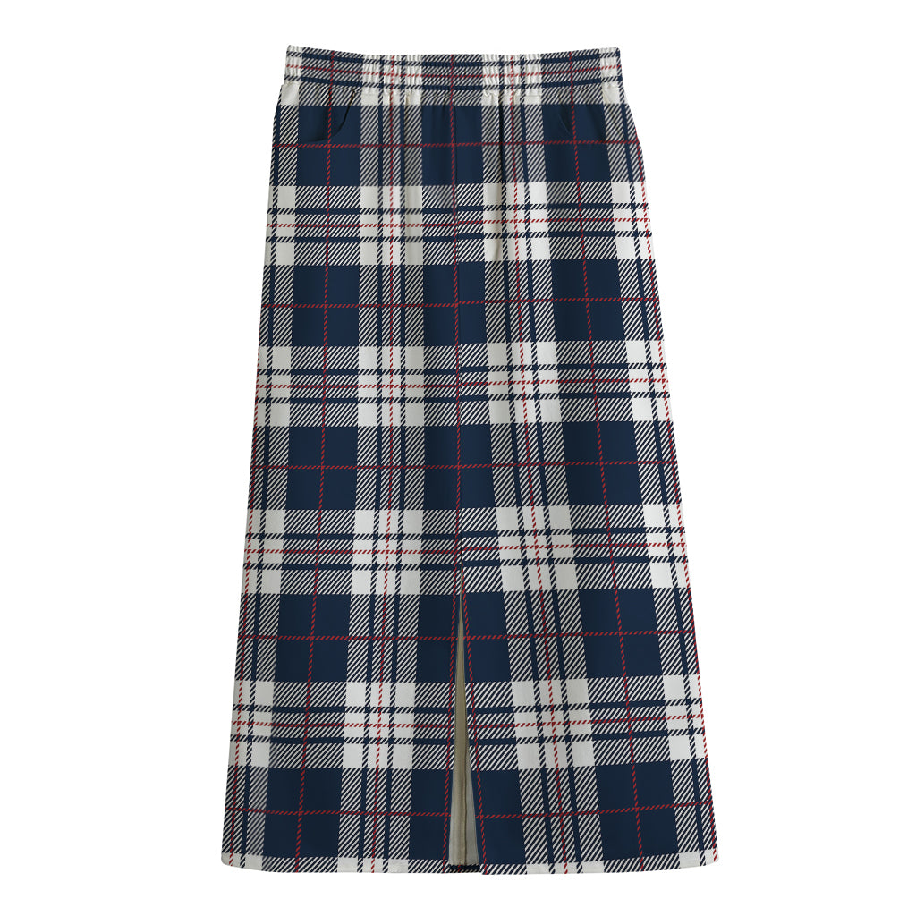 Blue White And Red Tartan Pattern Print Cotton Front Slit Maxi Skirt