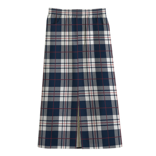 Blue White And Red Tartan Pattern Print Cotton Front Slit Maxi Skirt